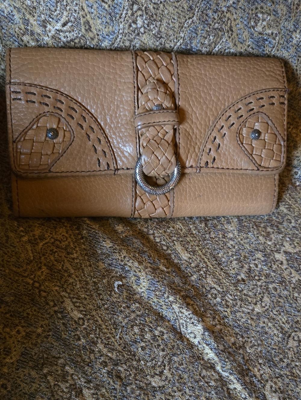 Brighton Tan Braided Leather Wallet with Silver Ring Accent